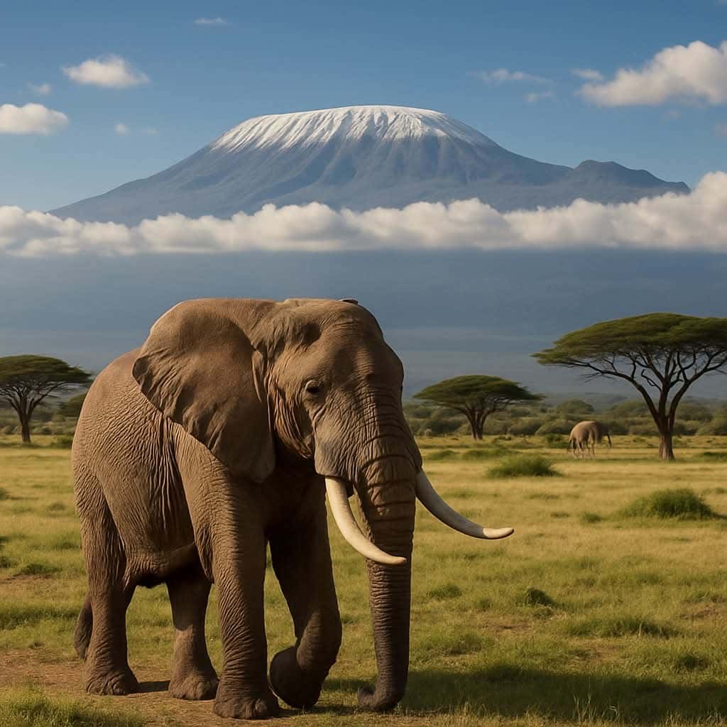 Elephant standing below Mount Kilimanjaro on a combined East Africa safari